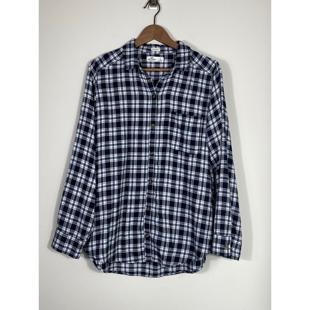 Hollister Navy Plaid Boyfriend Fit Flannel Shirt Size L